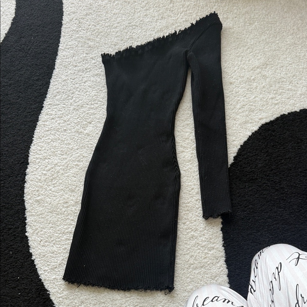 Necessary Clothing Black One-Shoulder Ribbed Knit Dress